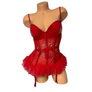 Victoria's Secret Red Swarovski Crystal Bustier Merry Widow Garters 34D
